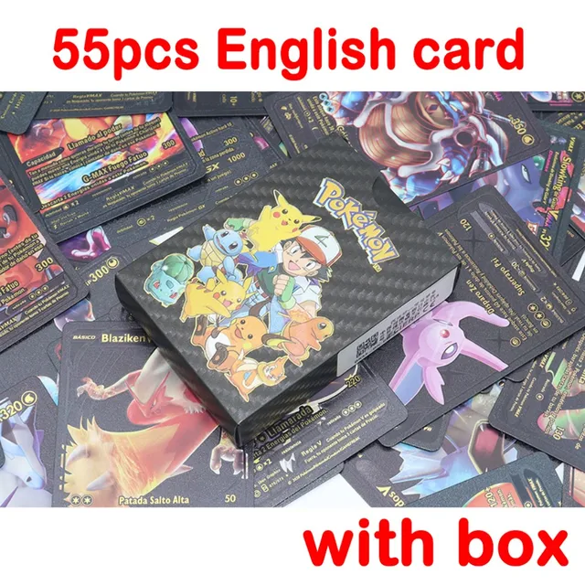 Pokemon Metal Card Spanish Box Gold Black Golden Letters Silver English Vmax Gx Collection Charizard Pikachu Cards Pack Toy Gift 55pcs English black