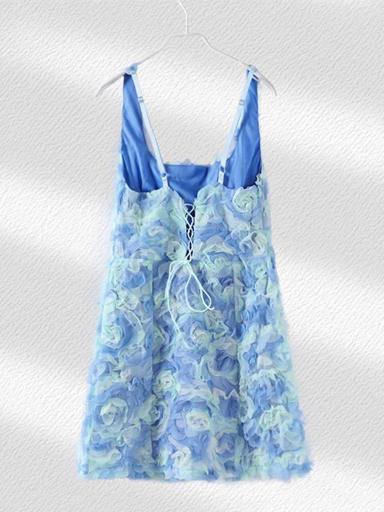 Fashion 3D Flower Mini Dress Women Sexy Slim Hip Package Female Party Dresses 2025 Vacation Beach Club Strap Rose Lady Robe 6