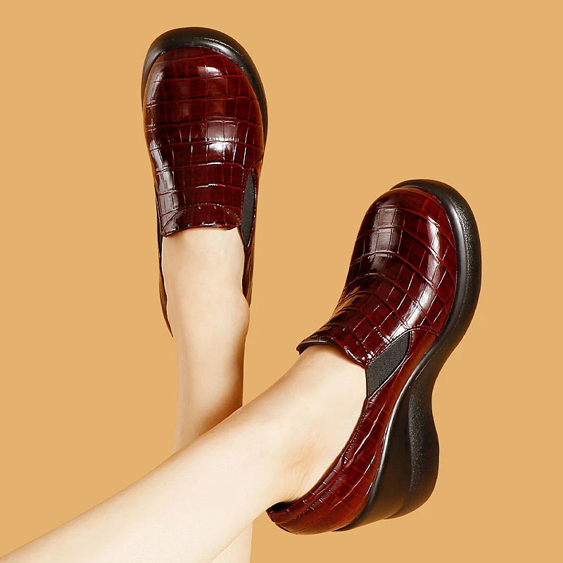 Mocasines plataforma plana para mujer, lacados con tacón de cuña, gruesos, de cuero, talla grande 42 43| -