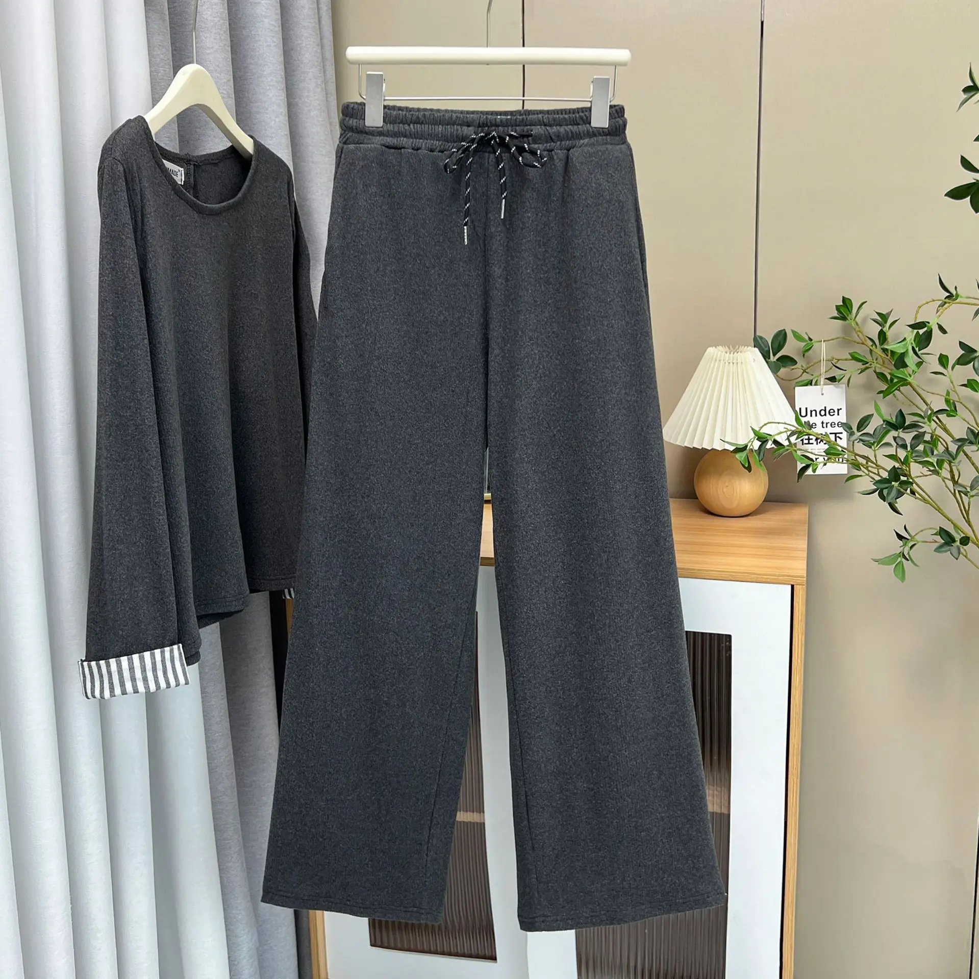 Plus Size Women's Two Piece Set Of Casual Cashmere Striped Cuffs Long Sleeve Top And Drawstring High Waist Pants Autumn 2025