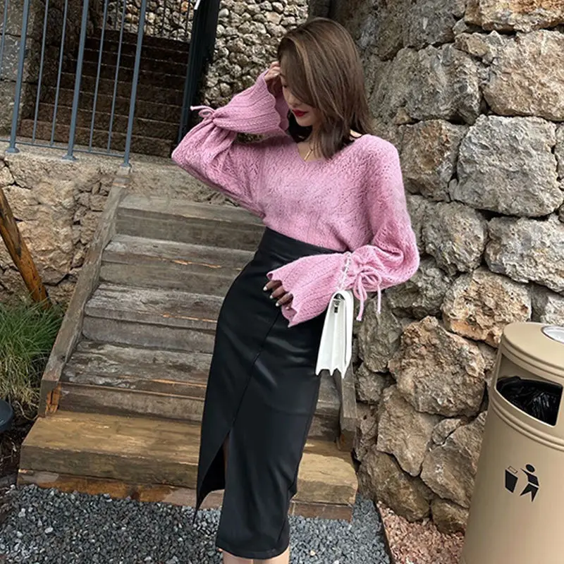 

Autumn Winter Faux PU Leather Women's Sexy Wrap Pencil Midi Skirts with Belted 2023 New High Waist Solid Office Package Hip E37