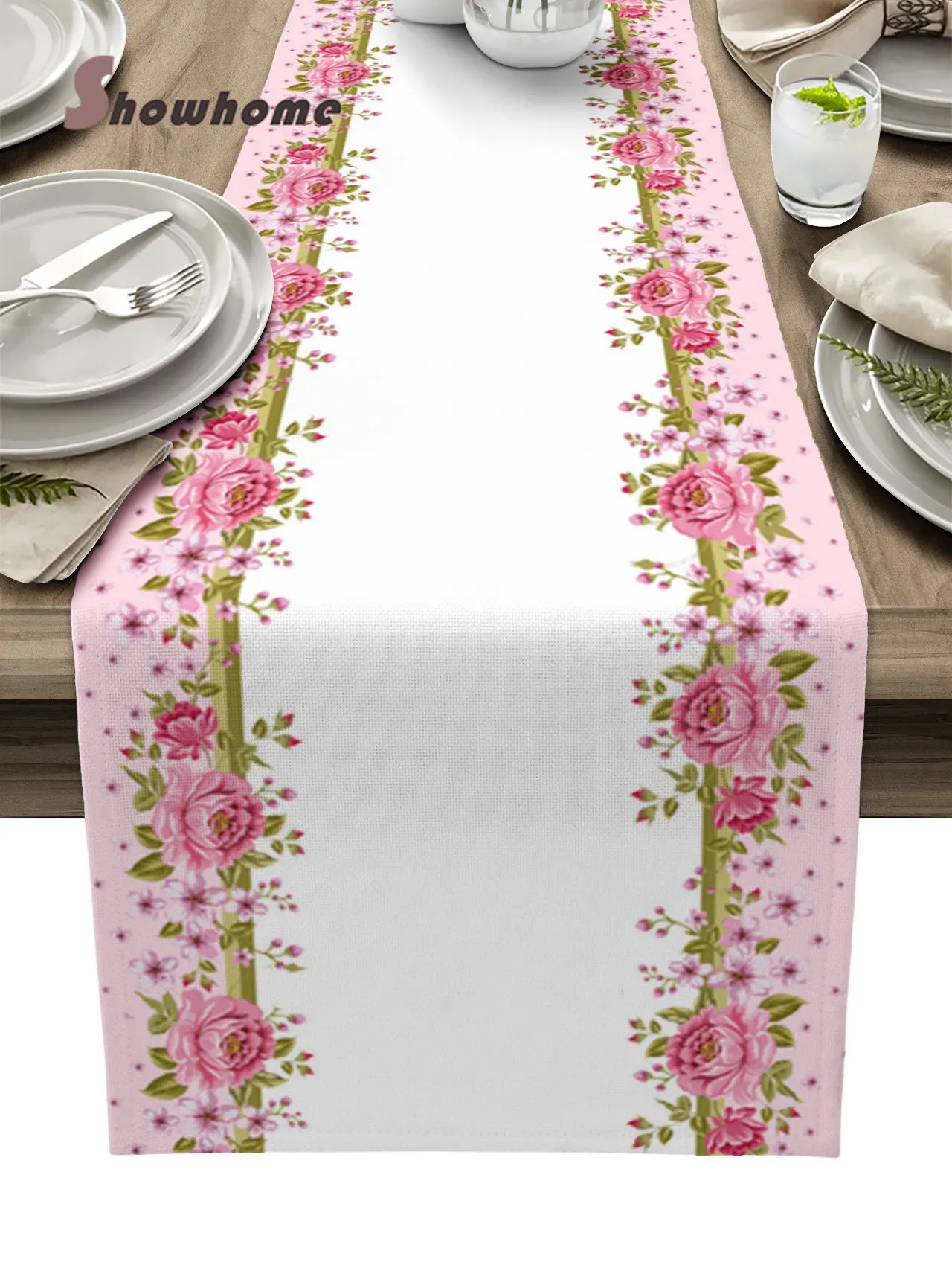 

Mother'S Day Pink Stripes Flower Table Runner Wedding Dining Table Decor Tablecloth Table Runner for Banquet Party