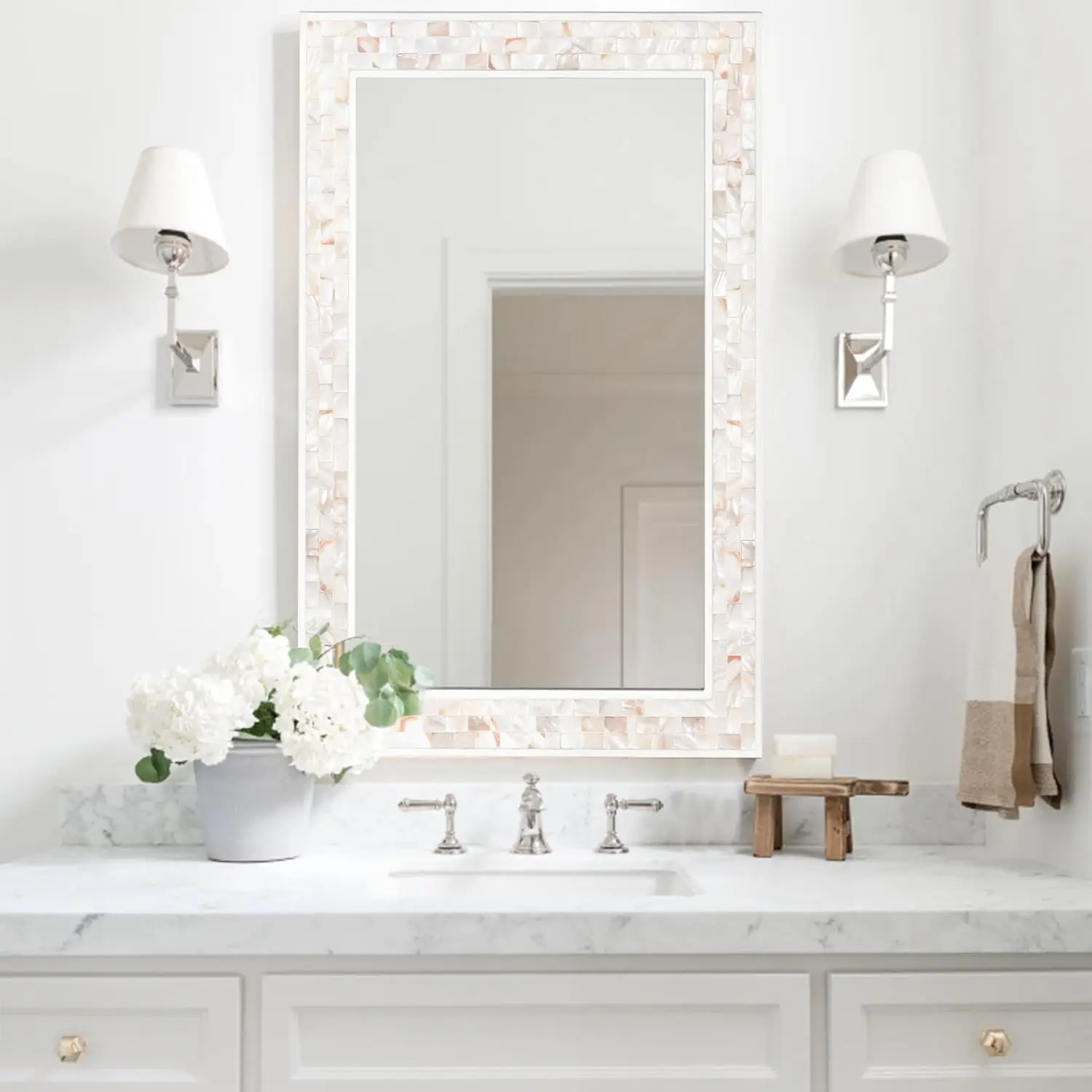 White Wall Mirror. 20x28" Rectangle. Natural Shell Frame. Bathroom, Bedroom, Living Room, Entryway. Horizontal/Vertical