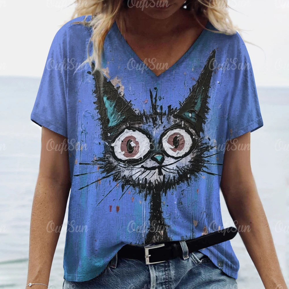 Animal T-Shirt For Women Cat Print Summer Short Sleeve