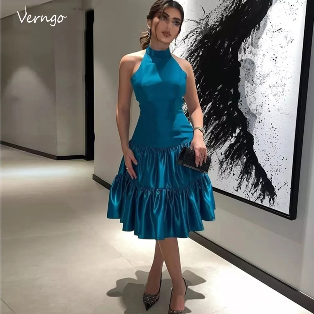 

Verngo Vintage Sky Blue Short Prom Party Dresses High Neck Sleeveless Tiered Skirt Arabic Women Evening Gowns Formal Event