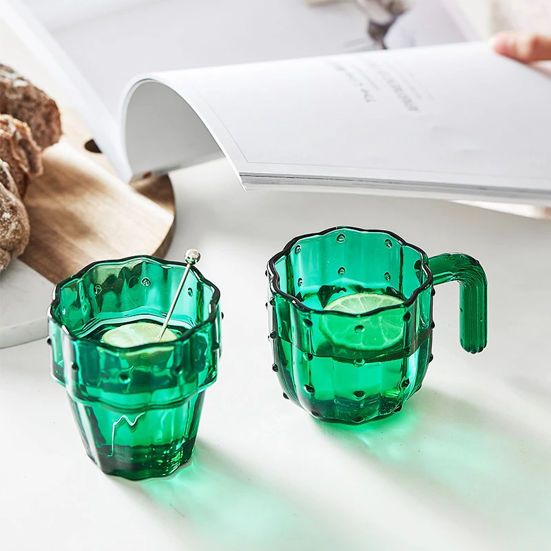 Nordic Cactus Glass Cup Household Water Glass Mug 4/6 Pcs Set Stackable Green Tumbler Glassware With Box Package Gift Cups