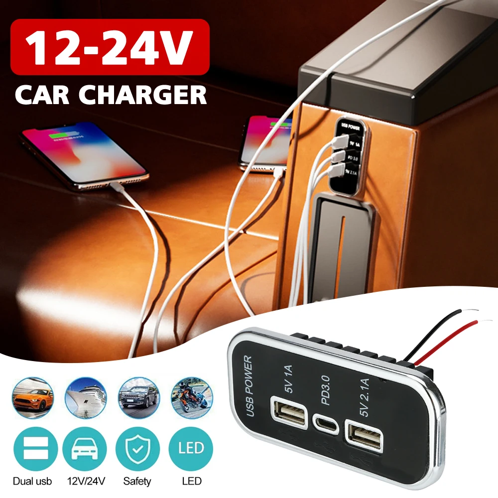 

12/24V Car Charger PD Type-C 2.1A 1A Dual USB Socket for Motorcycle Auto Truck ATV Boat RV Bus Power Adapter Outlet