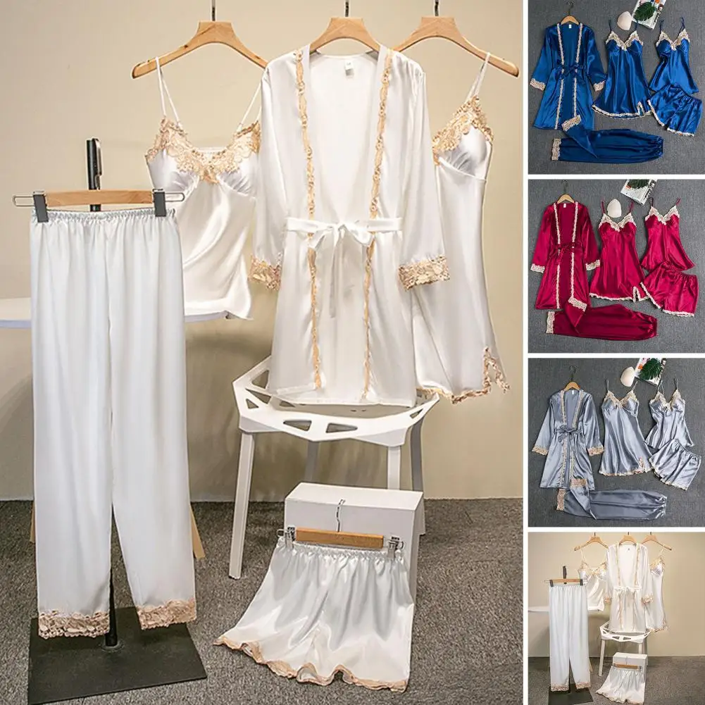 Silk-like Pajama Set Elegant Satin Lace Pajama Set Lace-up Waist 5-piece sleepwear sets pajama sets for Women Silky for Comfortable