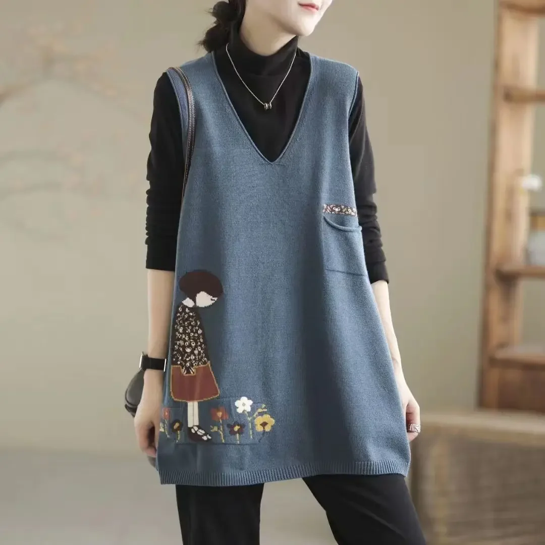 thumbnail image 1 of Otoño e Invierno jersey de mujer con cuello en V bolsillos de almazuela suéter de animales Midi moda Casual elegante chaleco sin mangas Tops E689, 1 of 5
