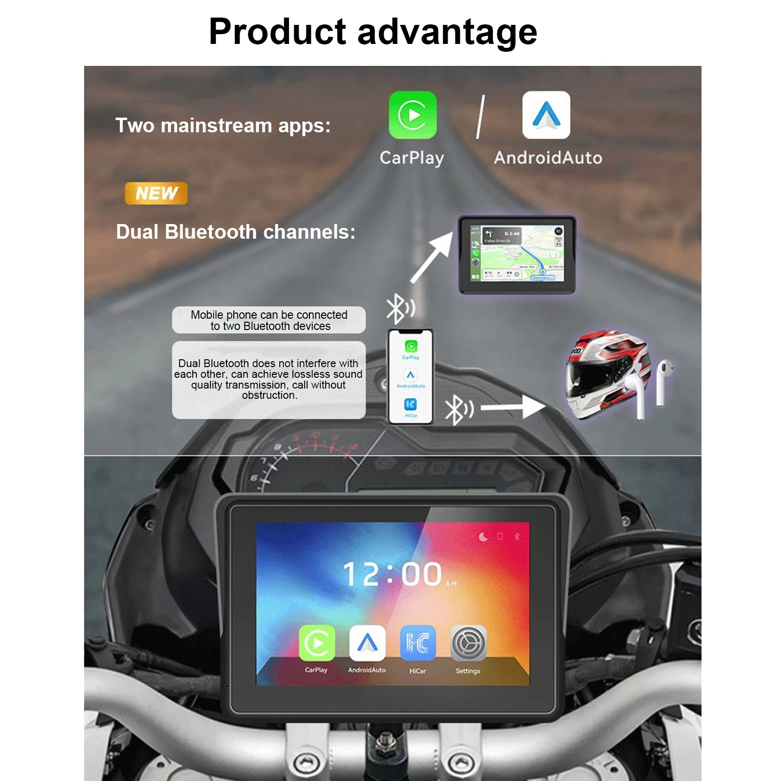 5 Inch/1000nit Portable Motorcycle GPS Navigation Screen Tire Pressure Monitor IPX7 Waterproof Wireless CarPlay/Android Auto
