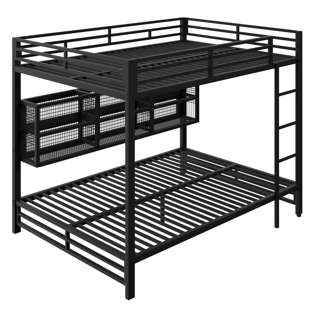140 x 200 cm großes modernes Etagenbett mit 6 Aufbewahrungsschränken und LED-Lichtern, Babybett aus Metall mit Geländer, geeignet für Kinderzimmer – Detail 15