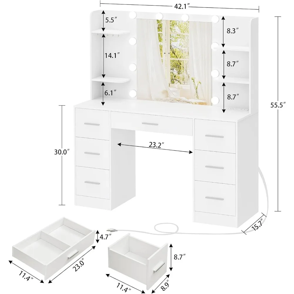 Large Makeup Vanity, 42.1" Vanity Desk with Mirror and Lights, Makeup Vanity Table with 7 Drawers, 4 Shelves, 5 Jewel Hooks & Po
