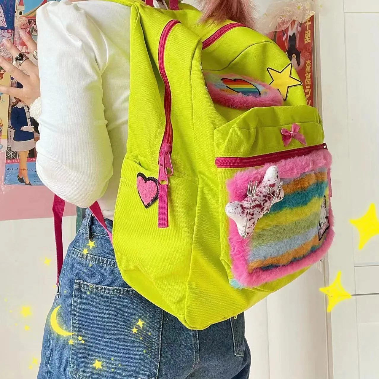 Hello Kitty Original Rainbow Sweetheart Cute Large Capacity Plush Star Y2K Millennium Cartoon Bones Student School Bag