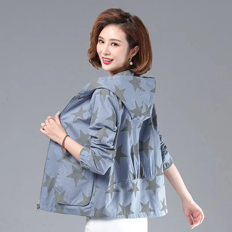 

Outerwear Coat New Jacket Spring Autumn Jackets Casual Women Trench Coats Star Print Splicing Hooded Coat Streetwear Windbreaker