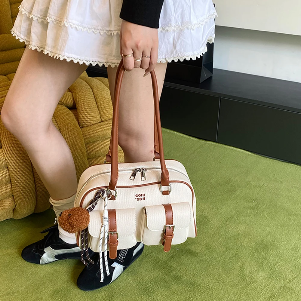 Vintage Leather Shoulder Bag with Double Pockets Korean Clutch Purses Large Capacity Tote Handbags Simple Boston Top-Handle Bags