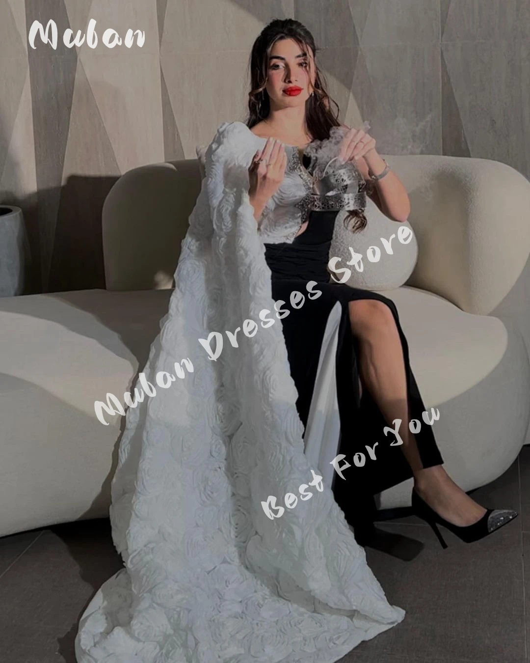 3D Flower Long Cape Sleeves Arabia Elegant Prom Dresses Beaded Cut-out Evening Dresses 2024 Formal Occasion Party Gown