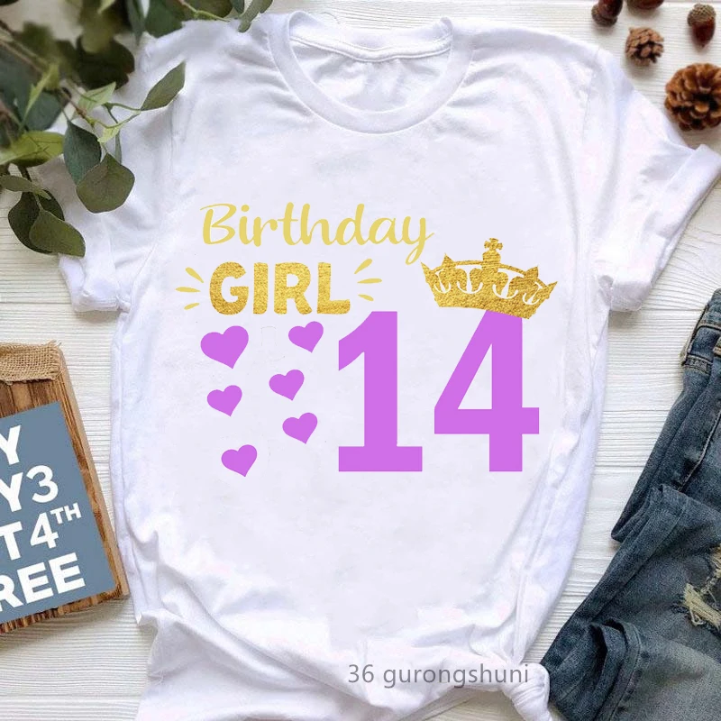 

Birthday Girl 14th Graphic Print Tshirt Girls Harajuku Kawaii Clothes Golden Crown Love T-Shirt Femme Summer Tops Tee Shirt