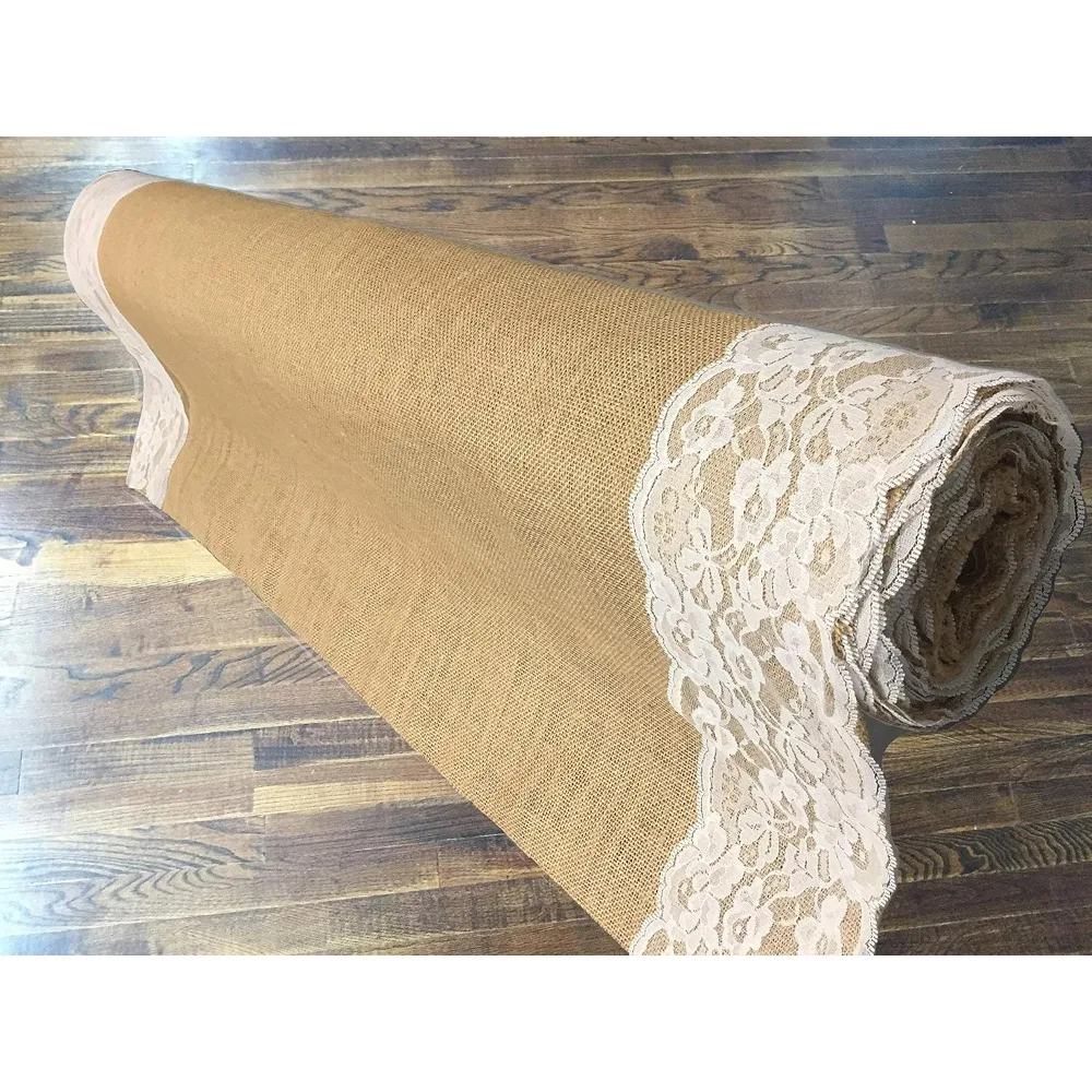 Wedding Aisle Runner 40 Inch with 5 Inches Ivory Lace Rustic Floor Carpet, Weddings Walkway Decorations Natural Jute