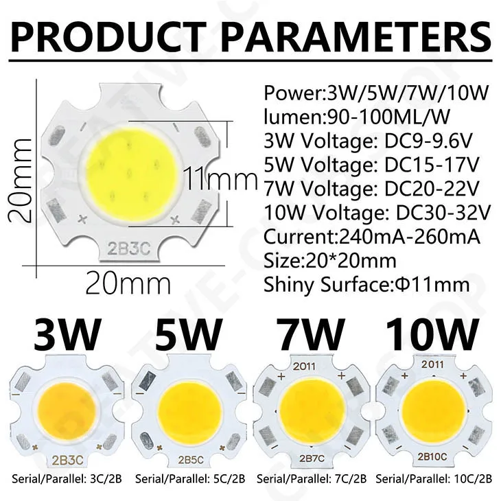 20pcs A Lot High Power LED COB Light Bulb 250mA Size 20MM 3W 5W 7W 10W LED Source Chip Light Lamp SpotLight Downlight Lamps DIY