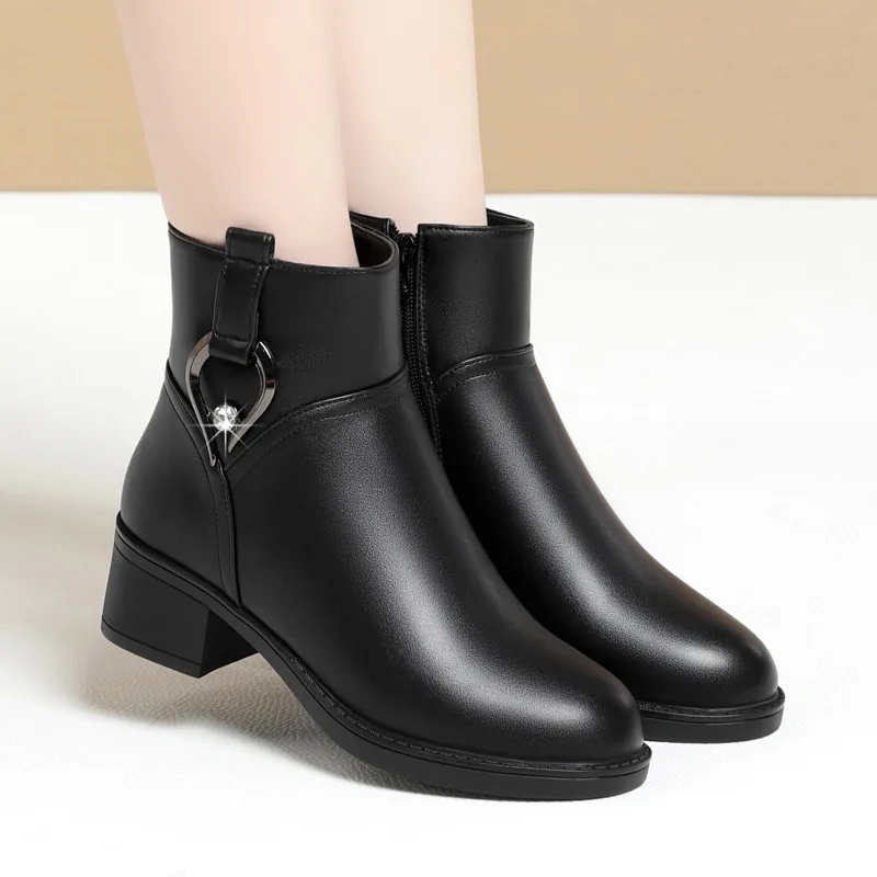 Women's Winter Waterproof Genuine Leather Ankle Boots Mom Thick Plush Warm Cotton Shoes Large Size Sexy High Heel Platform Boots