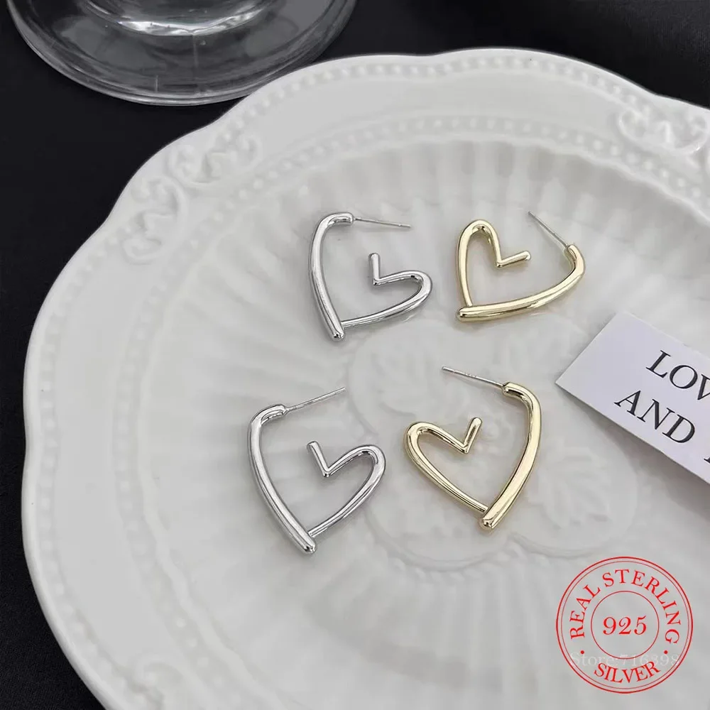 

Genuine 925 Sterling Silver Earrings For Women Girls French Heart Ear Studs Piercing Jewelry pendientes mujer