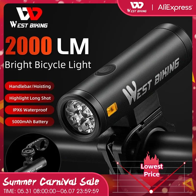 WEST BIKING Upgrade 2000LM Bicyle Light IPX6 Waterproof USB Charging Bike Headlight Cycling Flashlight MTB Road Bike Accessories