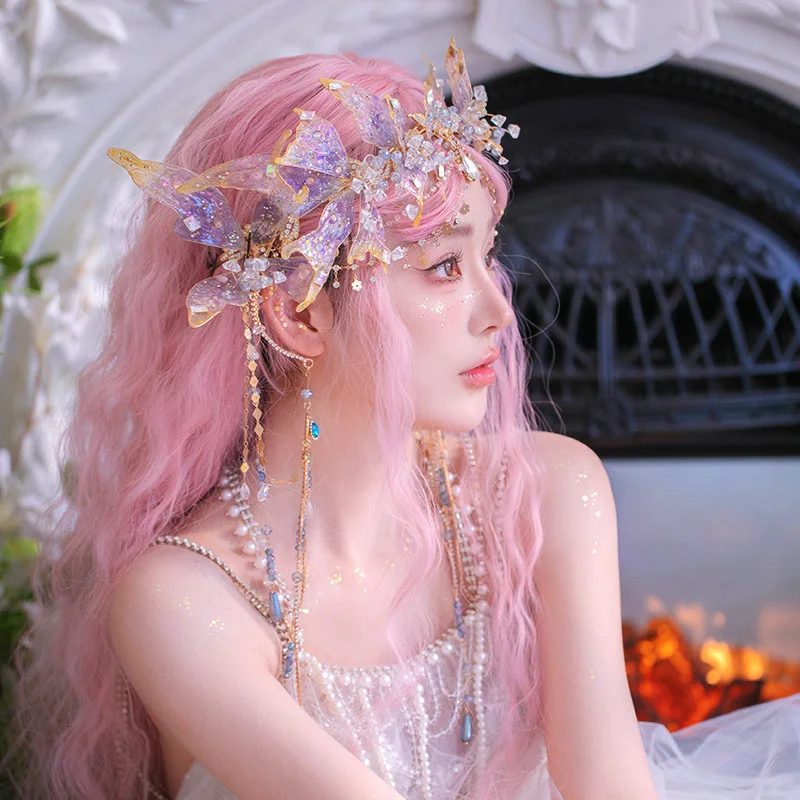 Exotic Mermaid Princess Hairband Crown Ancient Hanfu Bride Headdress Purple Green Red Fairy Tale Style Forehead Decoration