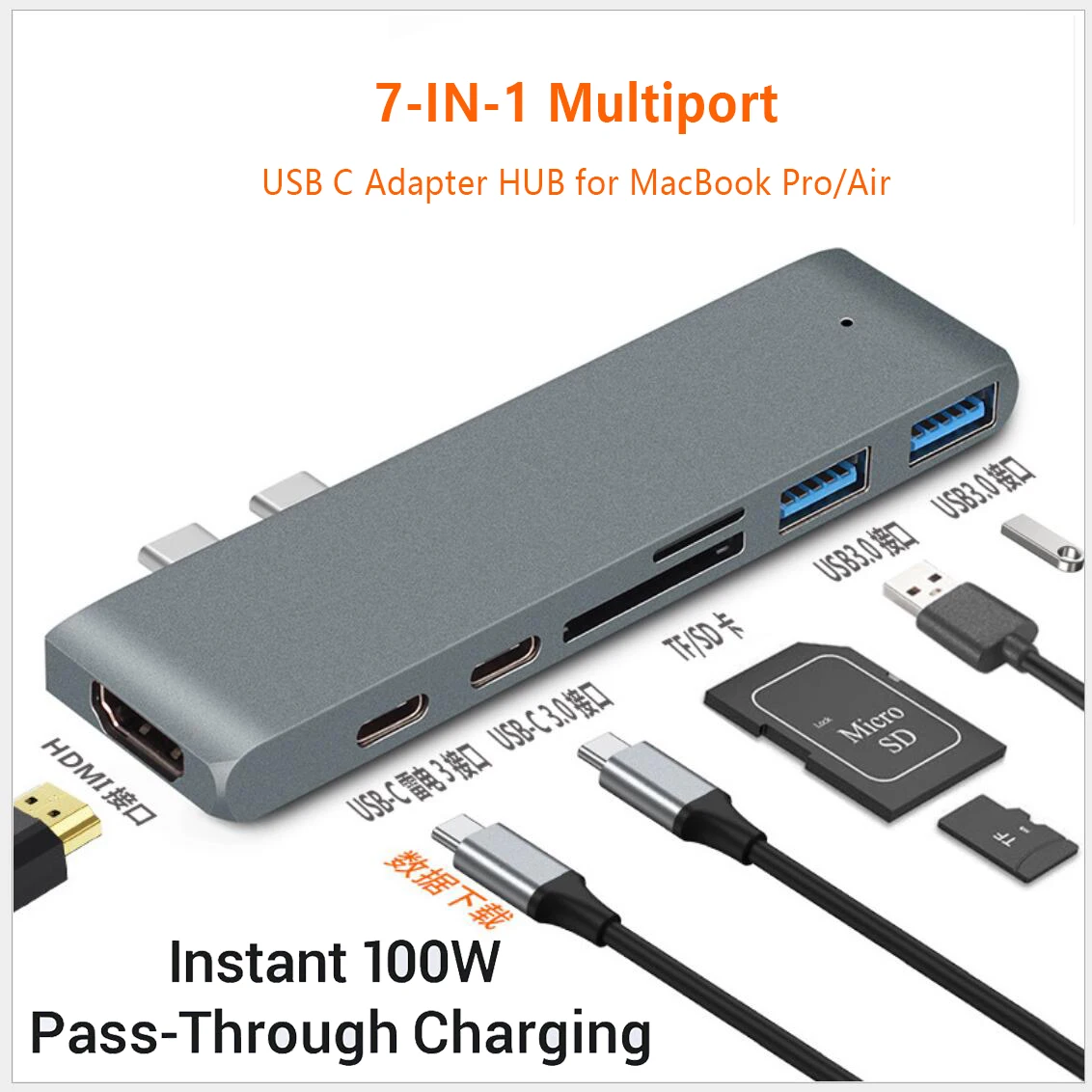 7-in-1 USB C Hub for MacBook Pro 13 M2 Air, MacBook Adapter with 4K HDMI, 100W PD, 40Gbps TB3 5K@60Hz, USB-C, 2 USB 3.0