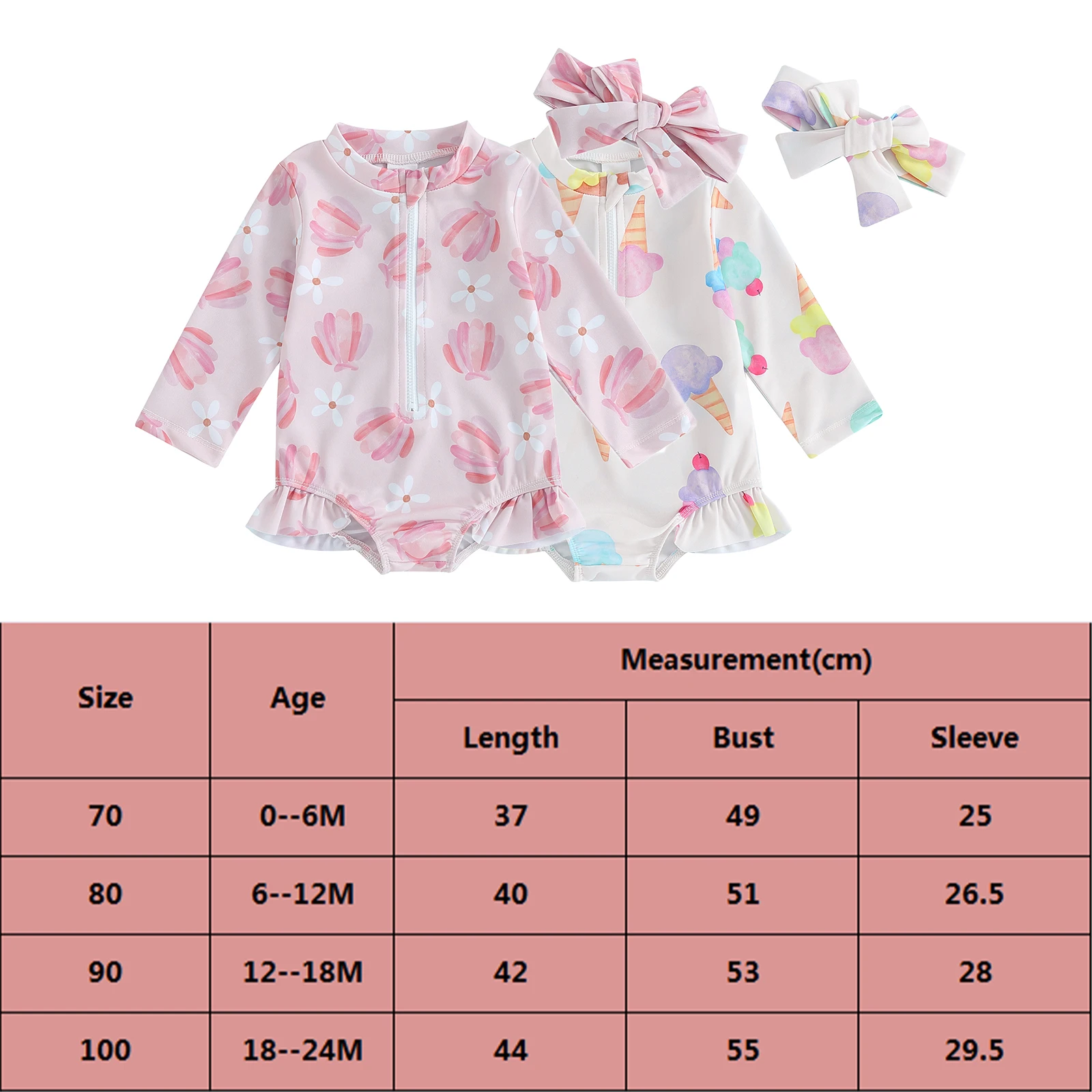 Infant Baby Girls Beach Swimwear Lovely Floral/Ice Cream Print Long Sleeve O-Neck Zip Up Ruffled Bathing Suit Toddlers Bikini