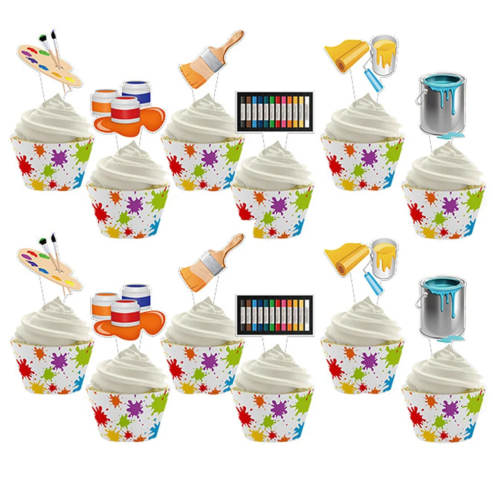 24 Pieces Art Paint Party Cupcake Toppers Paint Party Cake Decoration Artist Theme Birthday Baby Shower Supplies Back to School