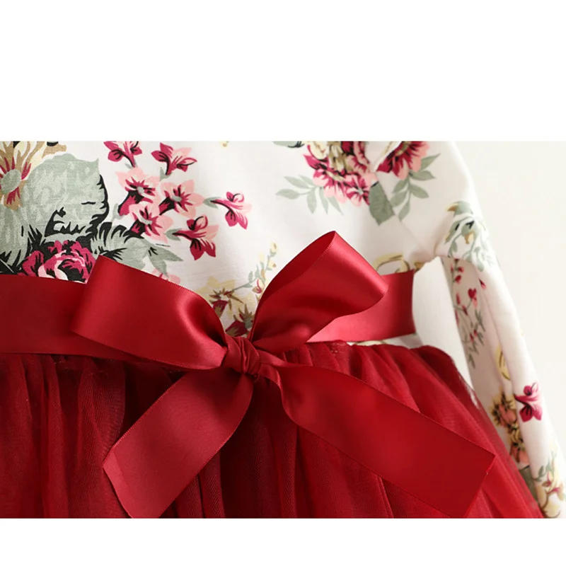 Children Dress Autumn Baby Girls floral Printed Princess Dresses Vestidos toddler girls Clothing Kids Girls red Xmas Dresses
