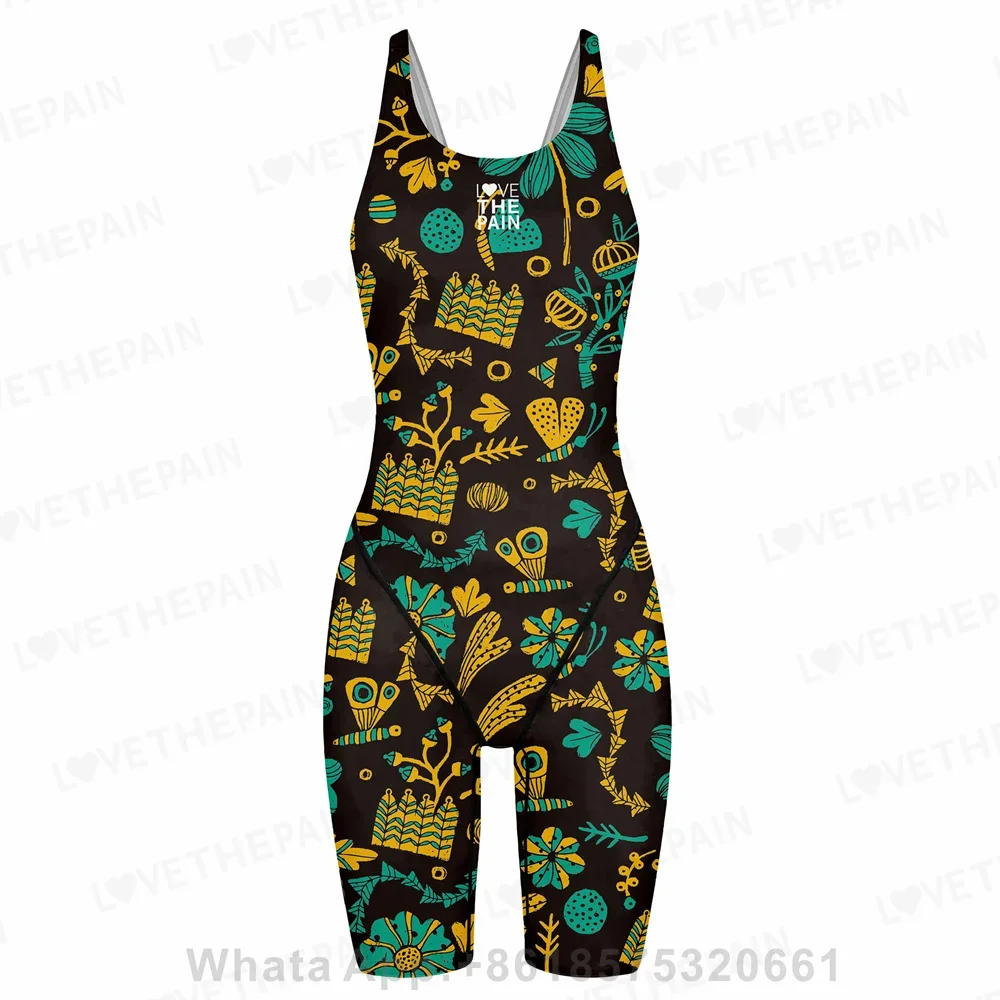 Girls Love The Pain Racer Back Knee Length Swimsuit Bodysuit Sleeveless One Piece Print Swimwear For Holiday Beach Water Sports girls swimsuit