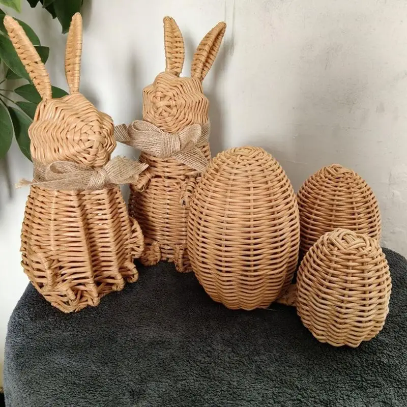 Rattan Easter Bunny Eggs 5X Woven Easter Rabbit Eggs Spring Bunnies Decoration Statue For Home Farmhouse Desktop Tabletop Shelf