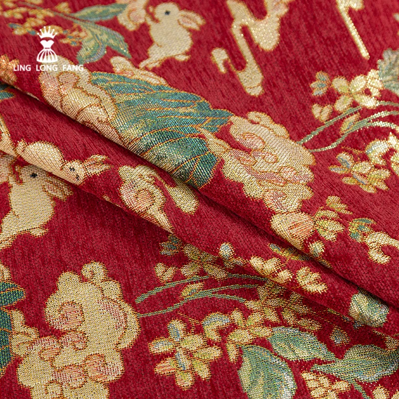 New Chinese Style Jade Rabbit Success Cloud Cloth Chenille Gold Jacquard New Year's Greetings Dress Horse Face Skirt Fabric
