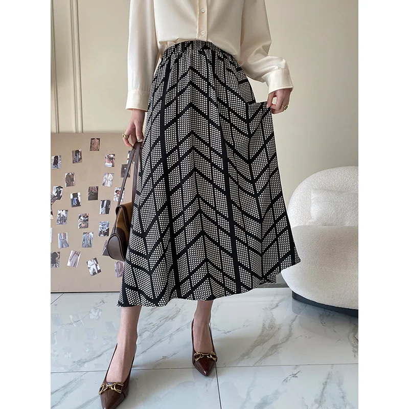 2022 Spring New Korean Fashion Vintage Print Skirts High Waist Slim A-line Drape Midi Skirt Office Lady Elegant All-match Faldas blue skirt Skirts