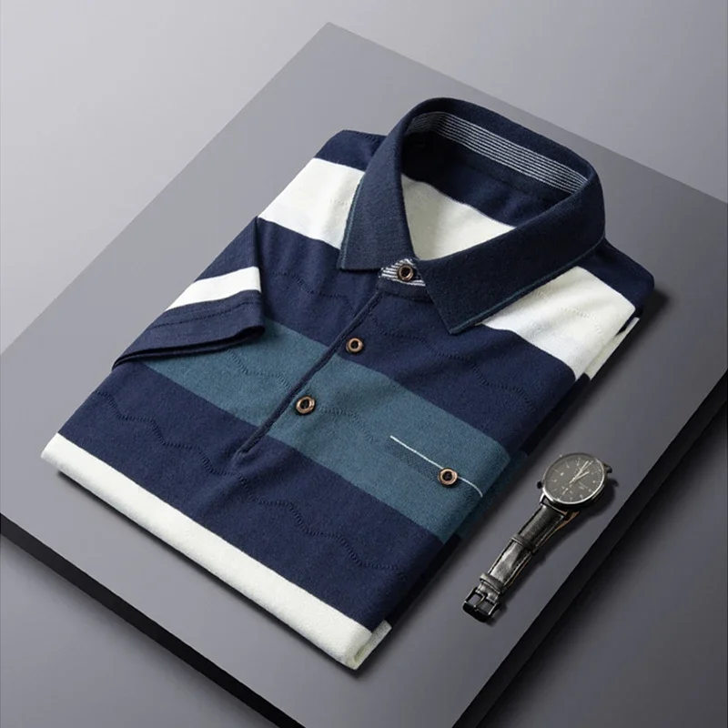 قميص بولو محبوك كاجوال جديد للرجال بأكمام قصيرة، ق...