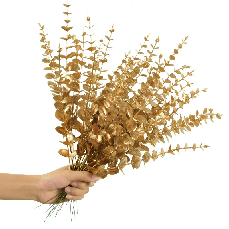 

10pcs Artificial Golden Eucalyptus Flower Branch Stem Simulation Plastic Fake Plant Leaves Home Wedding Flower Arrangement Decor