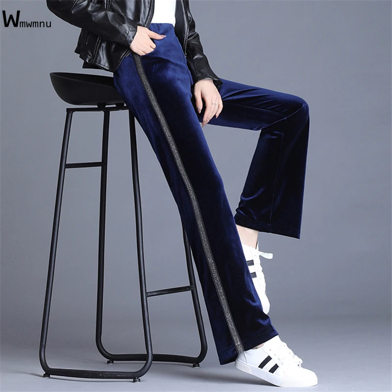 

Casual Elastic High Waist Trousers Korean Fashion Bell Bottoms Pants Female Plus Size Pleuche Side Stripe Flare Pants Women