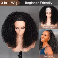 Perruques en cheveux humains Remy, Perruque bandeau bouclée crépue, Modèle amélioré 3 en 1, Demi-perruque avec cordon de serrage, Perruques à clips sans couture, Perruques machine, Densité 200 3