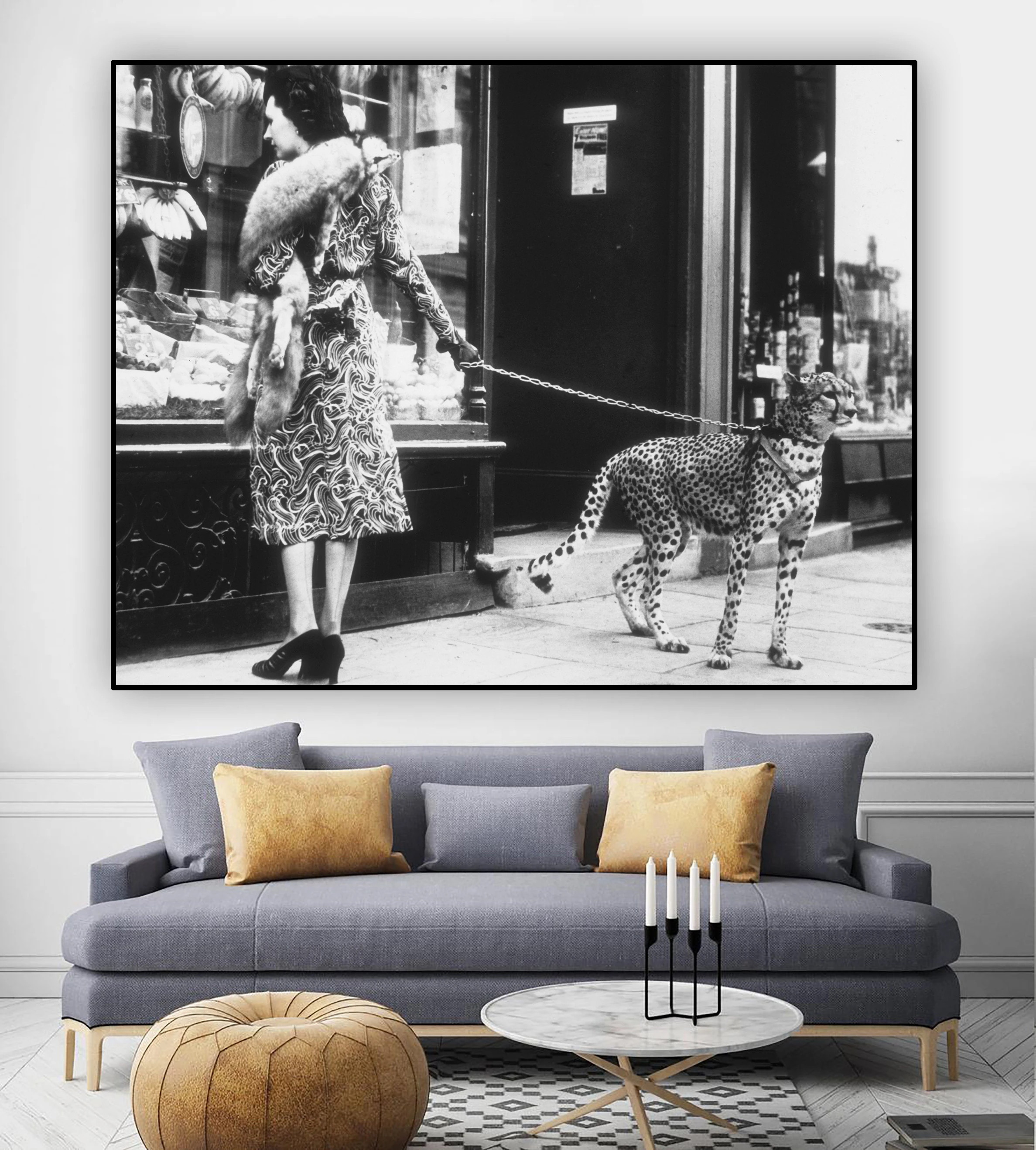 WomanCheetahBlackWhitePhotoCanvasPrintWallAnimalArtPoster