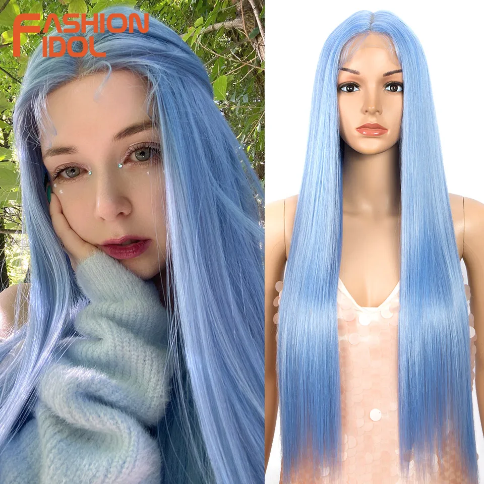 FASHION IDOL Synthetic Hair Lace Front Wig 30 Inch Straight Wig Ombre Rainbow Colorful Blue Cosplay Wig Heat Resistant Fake Hair