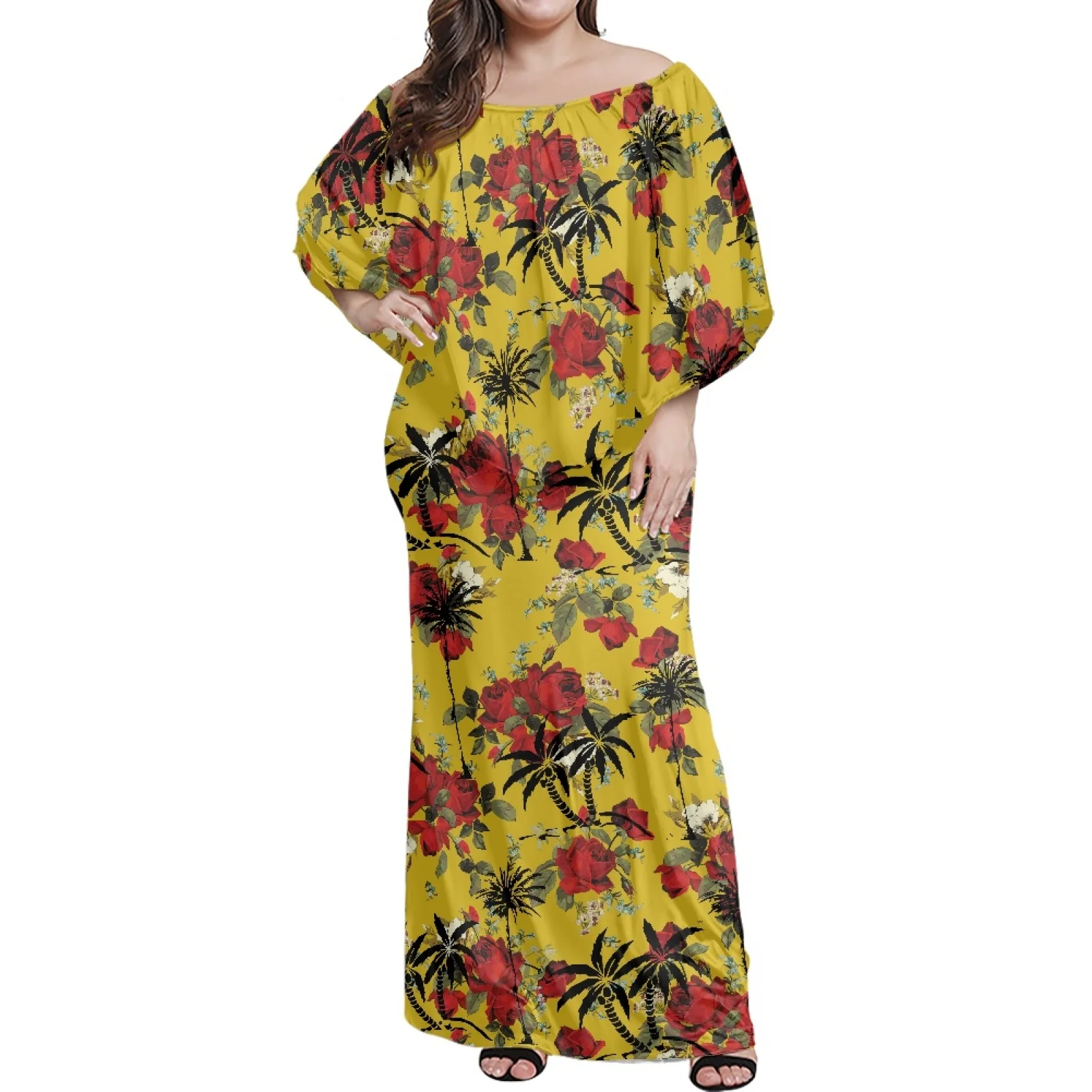 

Соблазнительное платье макси с открытыми плечами 4XL, элегантное и удобное женское летнее праздничное платье В Гавайском этническом стиле, 2023