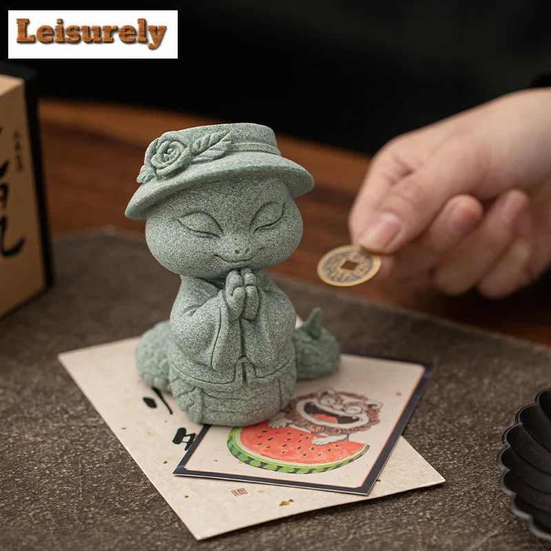 Green Sandstone Chinese Spirit Snake Tea Pet Boutique Fish Tank Landscaping Tea Figurine Play Toys Tea Statue Ornaments Craft 