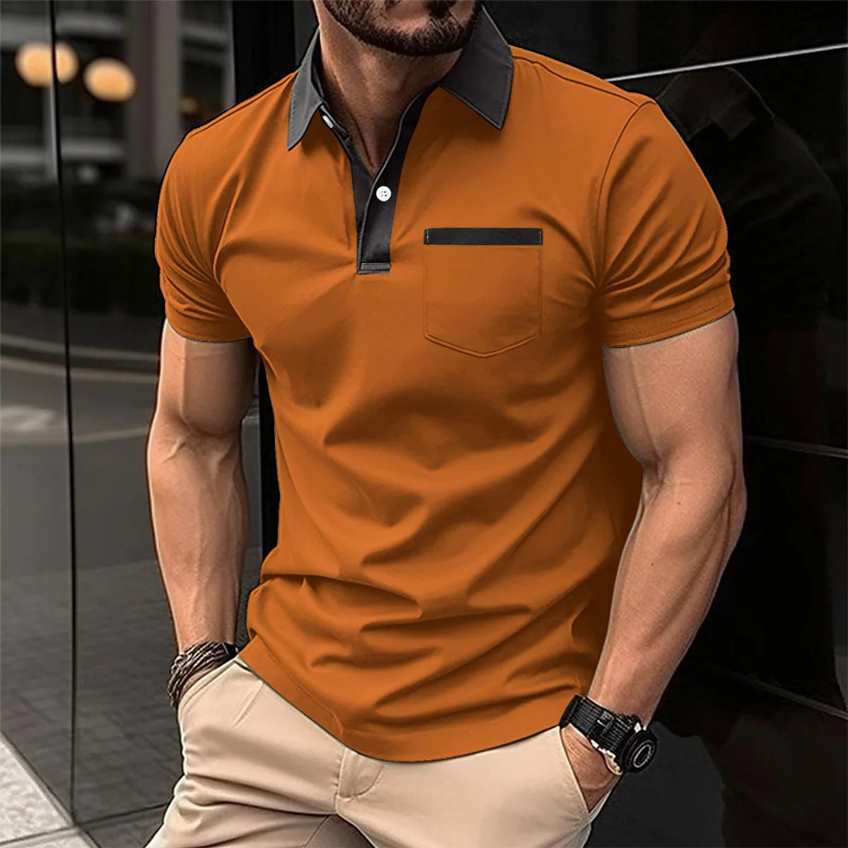 

High quality cotton blend fabric men's POLO shirt classic lapel button pocket embellished men's short sleeve top