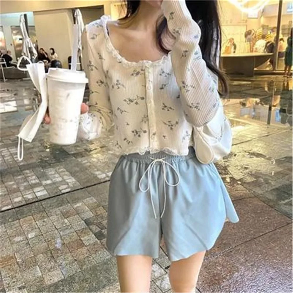 여성용 귀여운 크롭탑 디자인 패치워크 레이스 꽃 가디건, 부드러운 학생 올매치 레트로 싱글 브레스트, 한국 스타일
