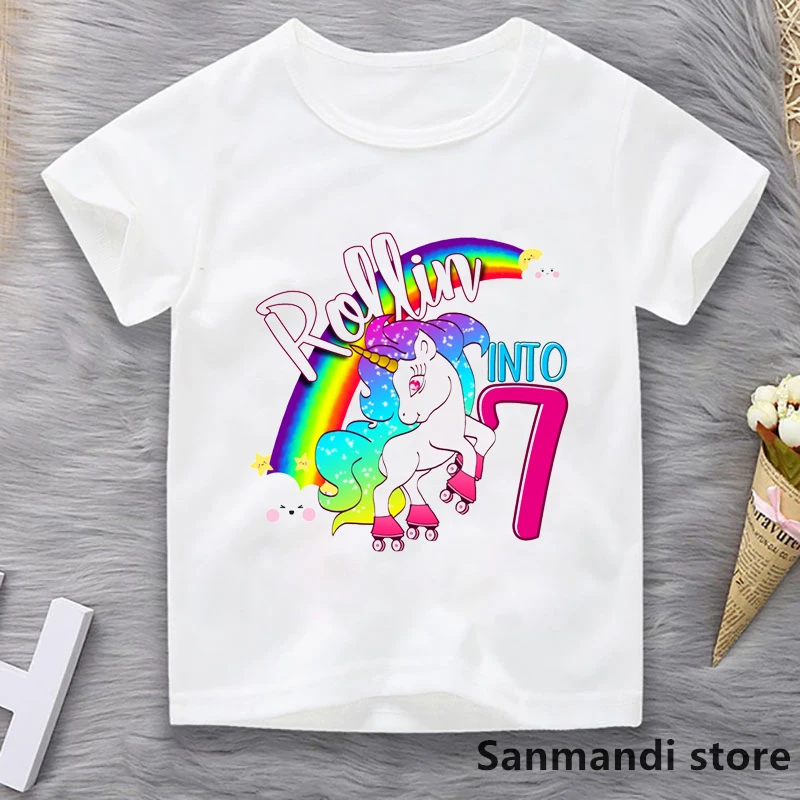 

New Rollin To 2-10th Birthday Gift T Shirt Girls/Boys Kids Clothes Rainbow Unicorn Tshirt Summer Tops Toddler Childrens Clothing