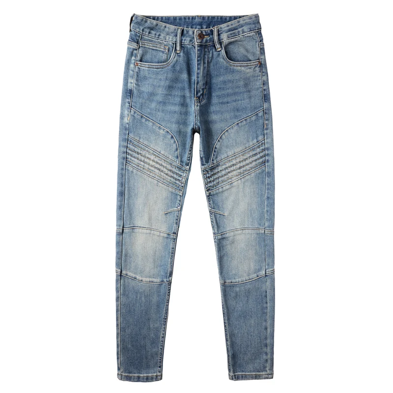 High Street Fashion Men Jeans Retro Light Blue Spliced Designer Biker Jeans Men Elastic Stretch Slim Fit Hip Hop Pants Hombre