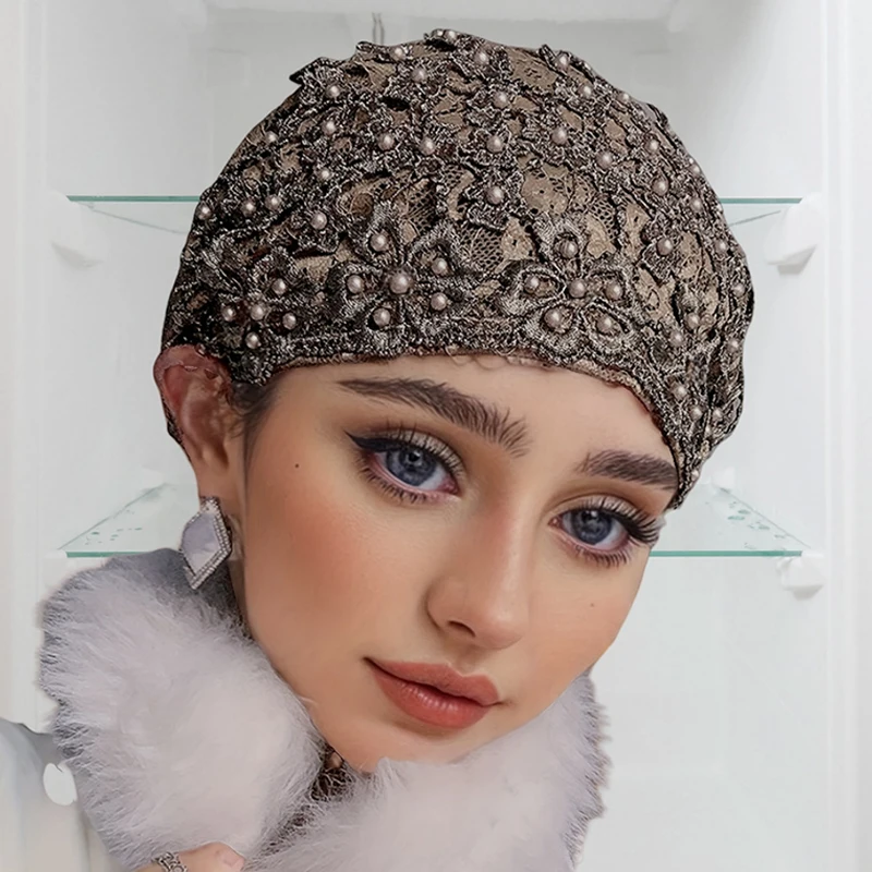 Muslim Headwear Head Scarf Hijab Headscarf Hijab Hats Female Head Wraps Breathable Lace Beading Turban Hat Summer
