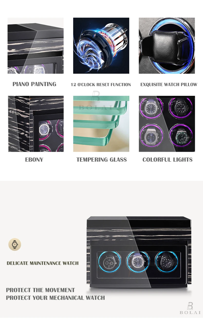 Sdf4842d1543b4c018da33eee455072c8y Luxury 4 Slot Mechanical Watch Winder Automatic Winding Wood Watch Storage Box Safe With Touch Control and LED Light Jewelry Box