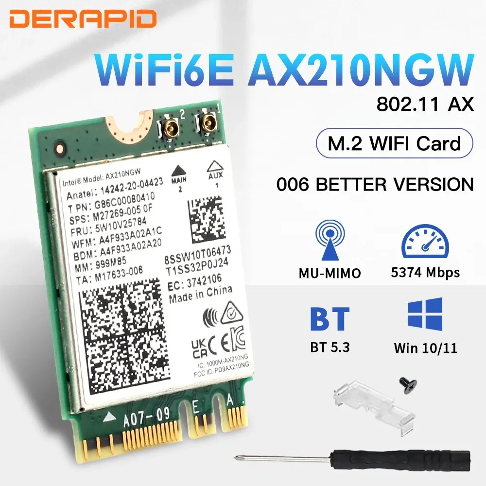 Wi-Fi 6E AX210NGW NGFF беспроводной адаптер Bluetooth 5,3 WiFi6 5374 Мбит/с 2,4G/Φ/6 ГГц 802.11AX для настольного компьютера/ноутбука для Win10/11